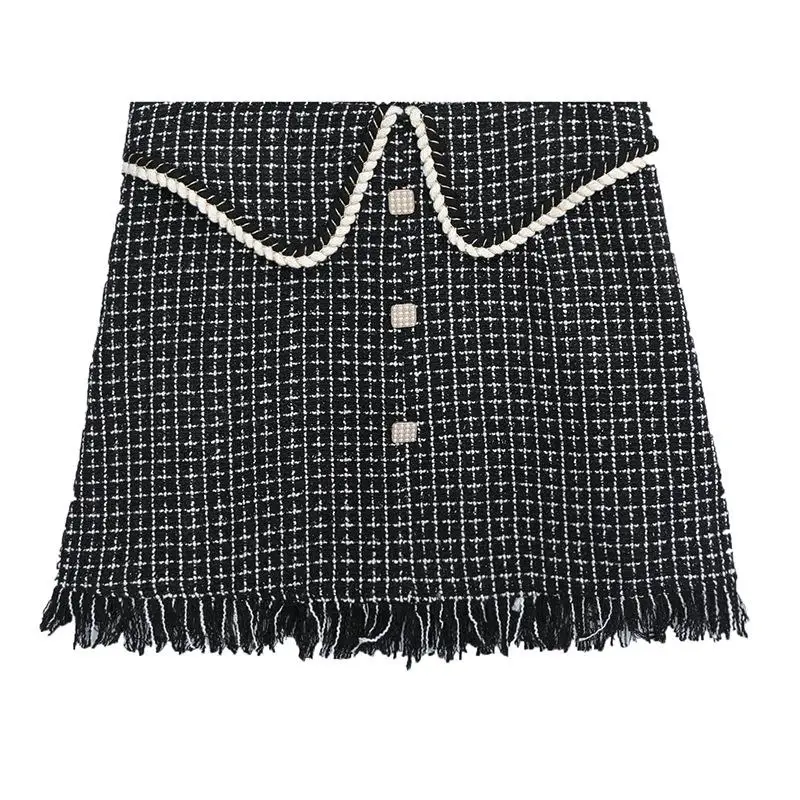

Plus size women's plaid skirt high waist knitting Tassel skirt autumn winter Button Elegant package hip Woman knitted Mini skirt