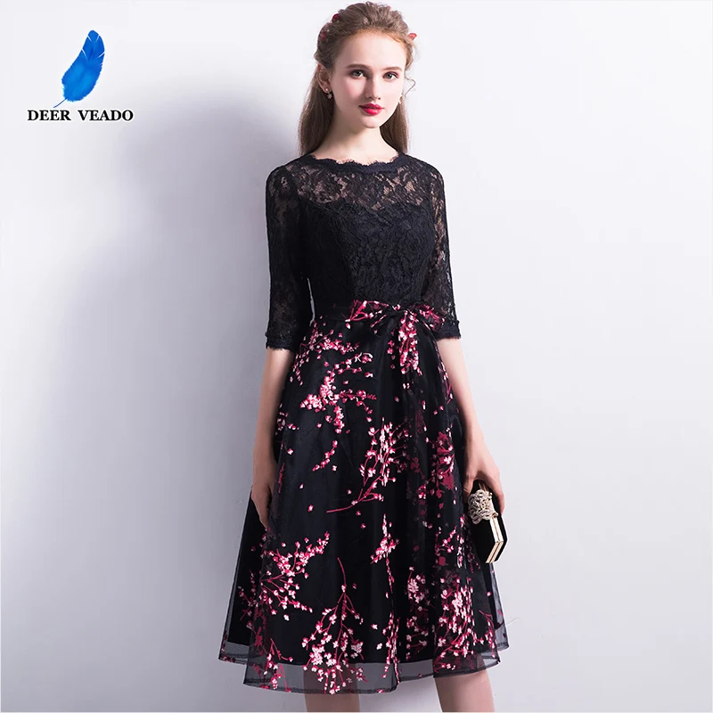 DEERVEADO Robe De Soiree Новое поступление короткое Кружевное Вечернее Платье С официальное с короткими рукавами платье вечернее платье YM308