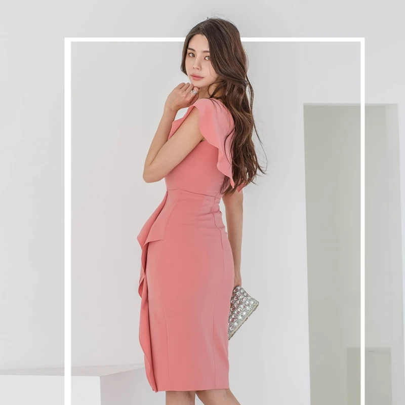 

korean spring and summer style V collar ruffle self cultivation slit elegantt thin sexy office party for women dresses