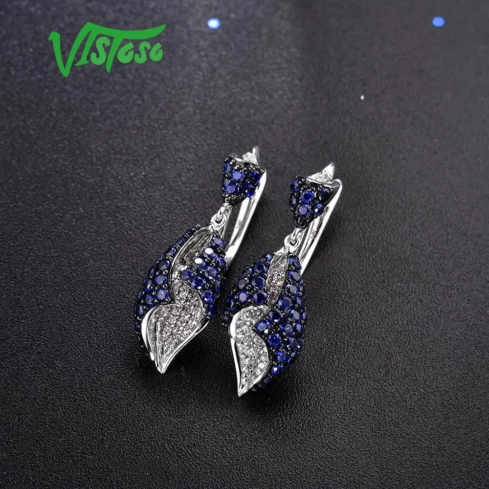 VISTOSO золотые серьги для женщин, настоящие 14 к 585 розовое белое золото, сверкающие алмазы, синий сапфир, висячие серьги, хорошее ювелирное изделие