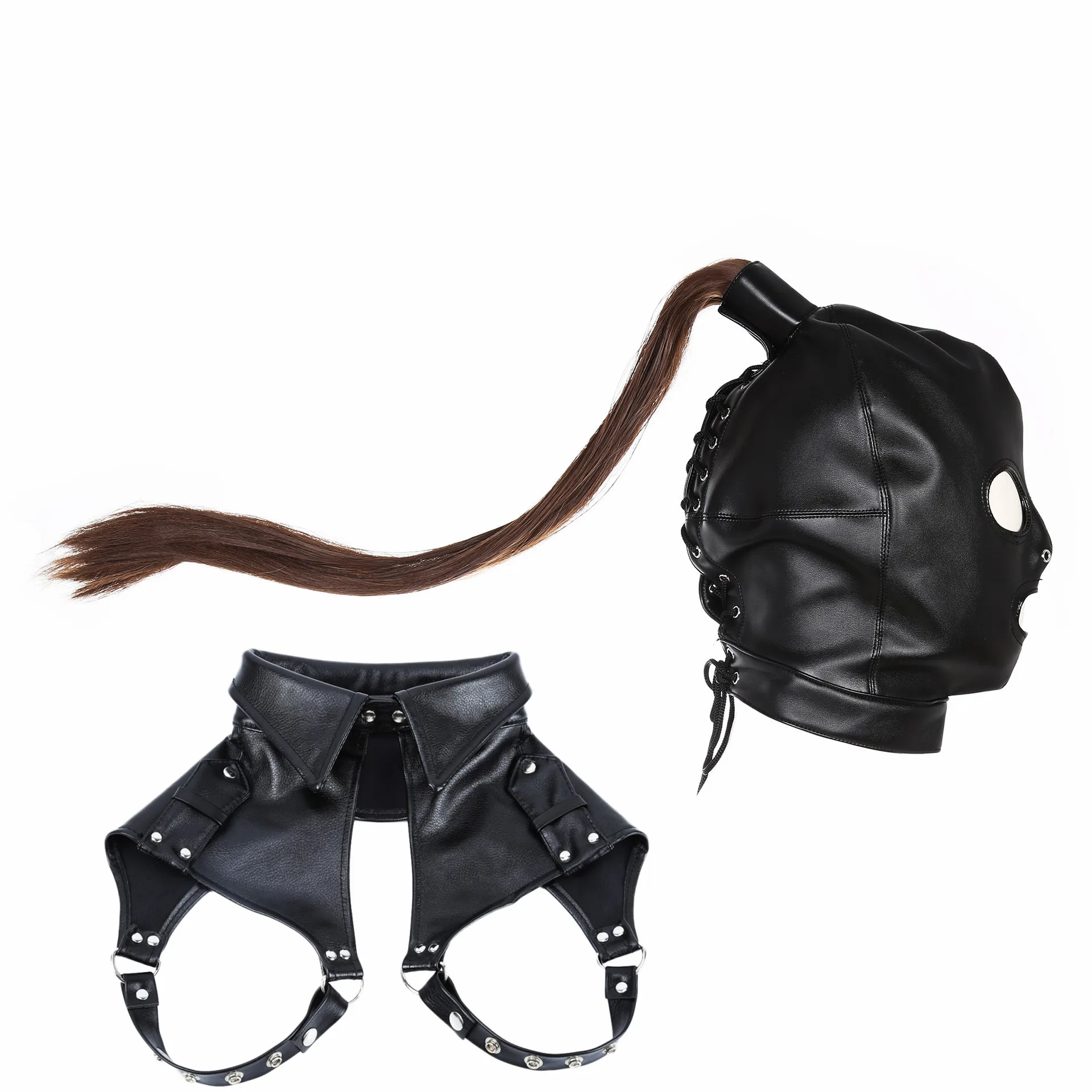 Máscara de fetiche de cuero Unisex, accesorios Steampunk con cola de caballo para cola de caballo, cinturón de pecho Sexy para Coplay Rave Festival, atuendo para cabeza