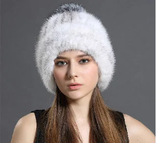 Женская вязаная норковая шапка, женские меховые шапки, новая модная замшевая шапка с лисьим мехом, женские зимние головные уборы, Лыжная шапка - Цвет: Серебристый