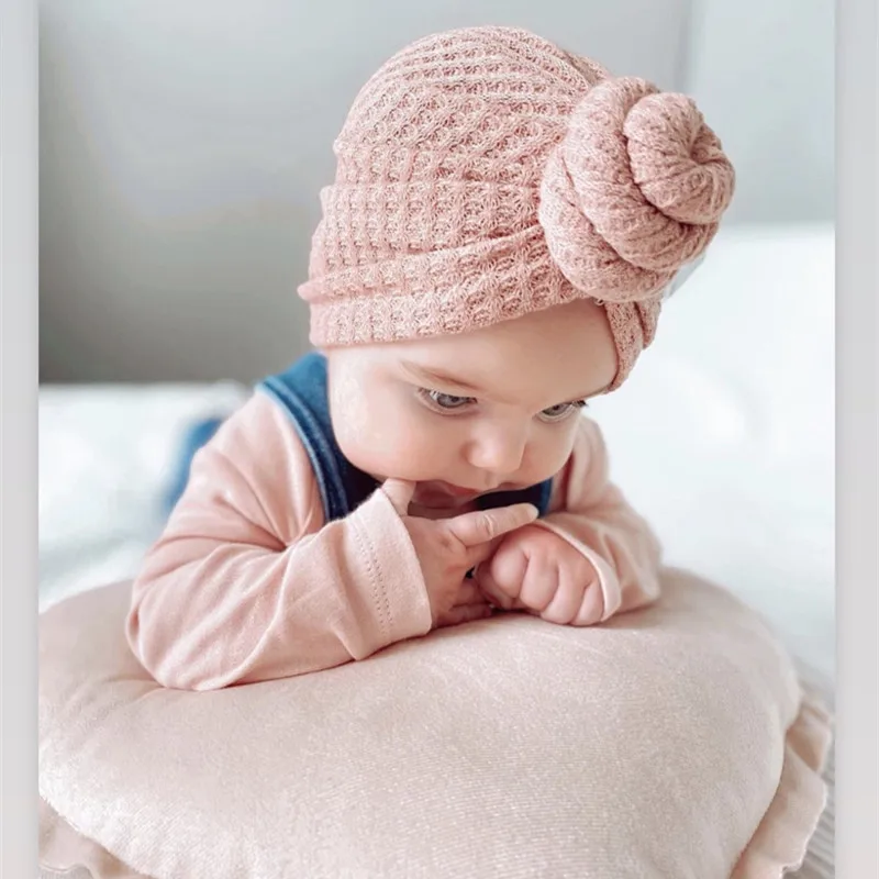 

2022 Winter Newborn Kids Girl Waffle Crochet Knit Turban Hat Infant Toddler Baby Cap Bonnet Beanies Headwraps