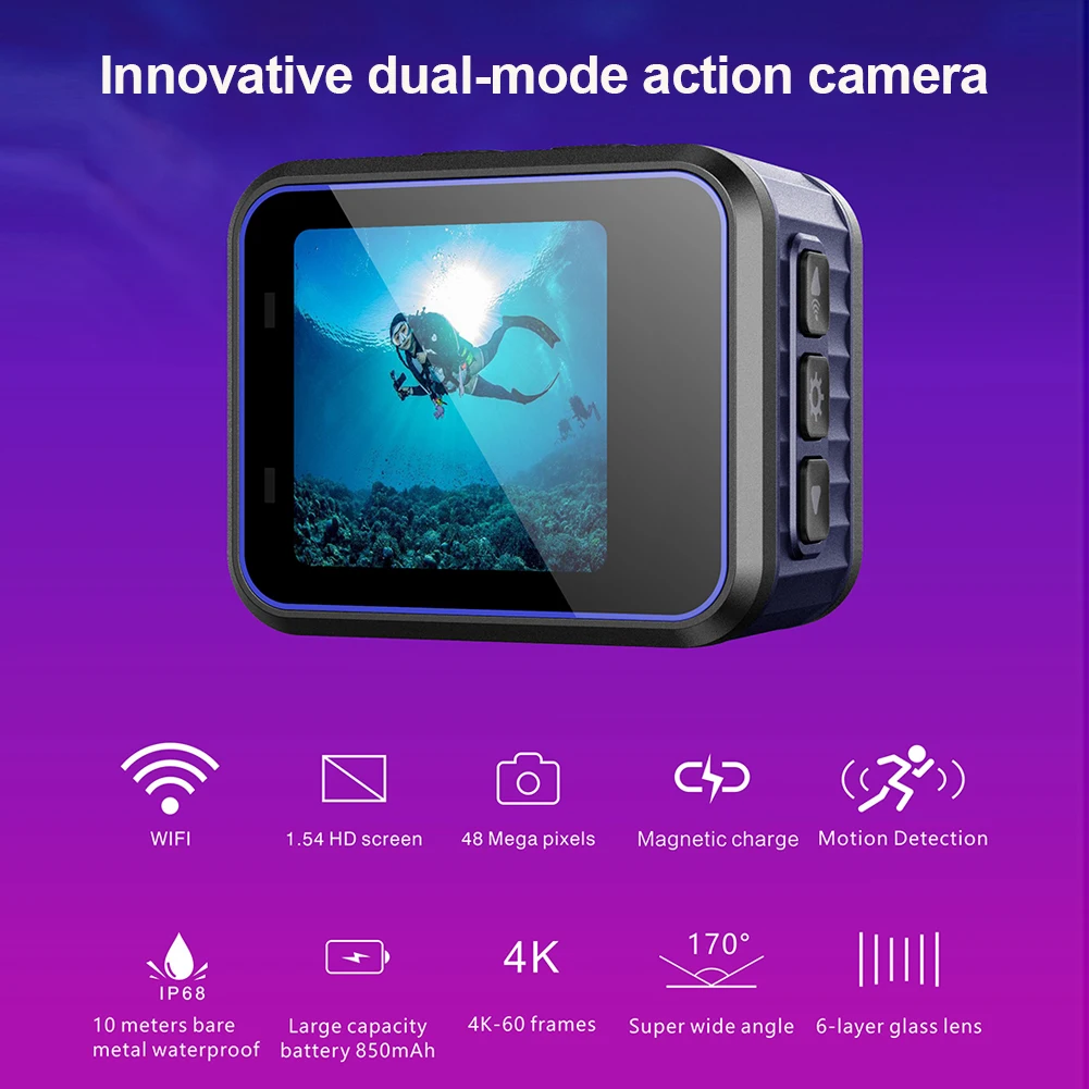 Экшн-камера 48 МП экран 1 54 дюйма 4K Ultra HD Wi-Fi 10 м | Электроника