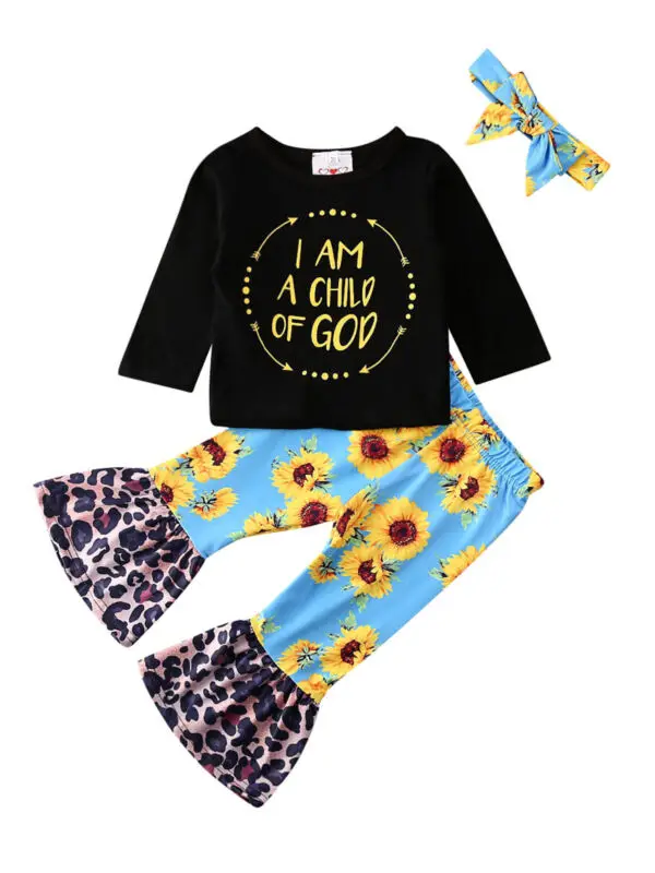 

Kids Baby Girl Clothes Letter Print Tops+Floral Bell Pants+Headband Outfit Set