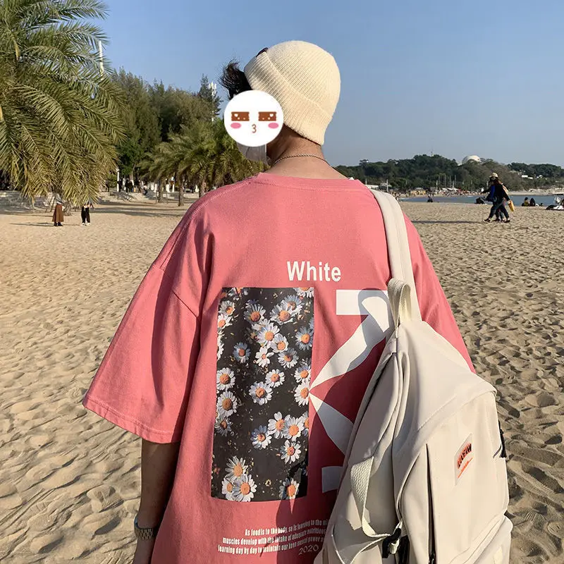 

Футболка мужская с коротким рукавом, 100% хлопок, универсальная свободная Студенческая Футболка с принтом маргариток, с рукавом до локтя, лет...