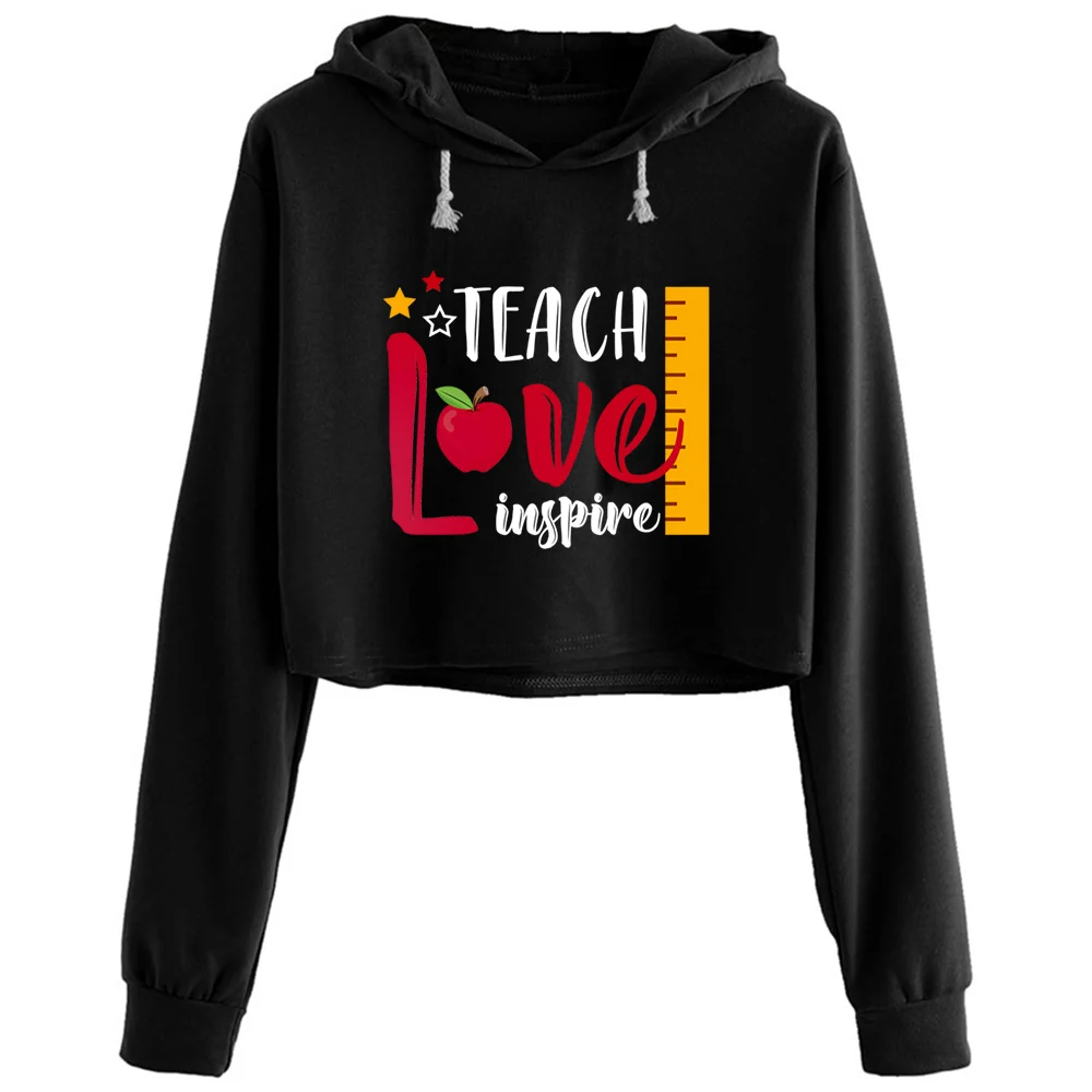 

Teach Love Inspire Best Teacher Teaching Crop Hoodies Women Aesthetic Kpop Korean Y2k Pullover For Girls