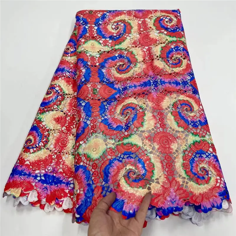 

High quality milk silk water-soluble lace Africa Nigeria multicolor perforated rope guipure lace fabric for garment sewing 3834B