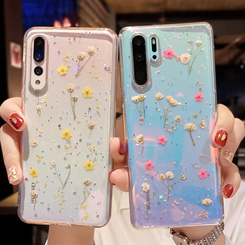 

Luxury Real Dried Flower Phone Case For Huawei P40 Pro P30 P20 Lite Honor 30 20 Mate 20 30 Pro Nova 4 5 6 7SE Clear Floral Cover