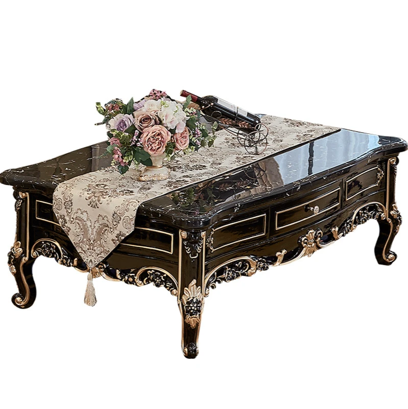 

Furniture European coffee table ebony all-solid wood marble tea table long coffee table