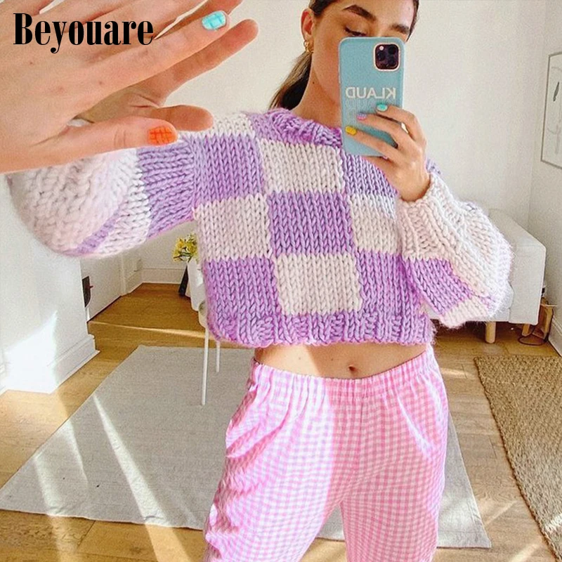 

Beyouare Plaid Patchwork Panelled Knitted Sweater Women Oversize Winter Warm Pullovers Crop Top Sweet Long Sleeve Loose Jumper