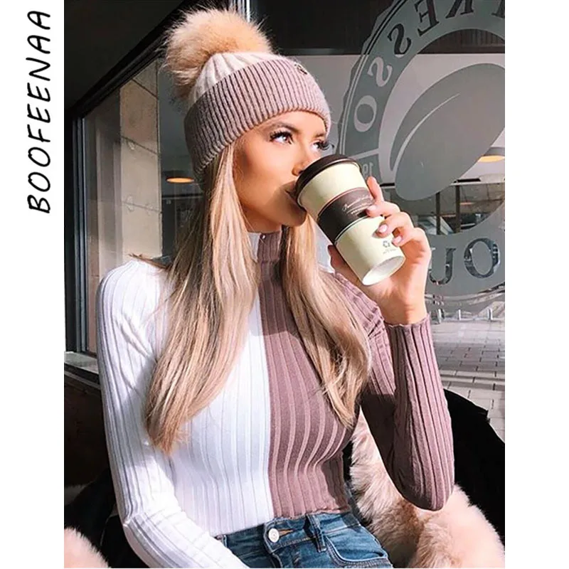 Женский свитер с длинным рукавом BOOFEENAA белый и розовый вязаный пуловер в стиле