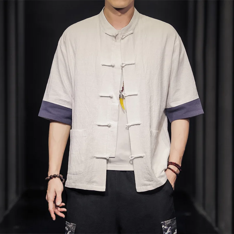 

Summer Thin Linen Shirt, Men's Chinese Short-sleeved, Improved Hanfu Large-size Loose Cotton and Linen Shirt