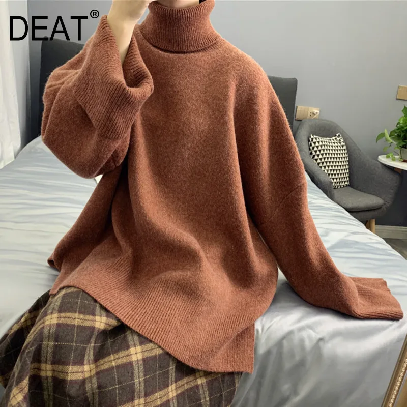 Женский вязаный пуловер с высоким воротником DEAT Свободный теплый однотонный в