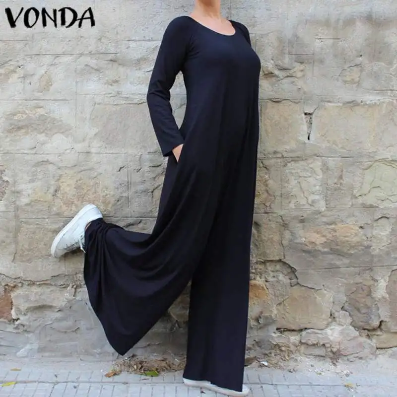Осень, VONDA, женские комбинезоны, элегантные комбинезоны, женские комбинезоны, винтажные повседневные свободные широкие штаны, Длинные Комбинезоны, 5XL Pantalon