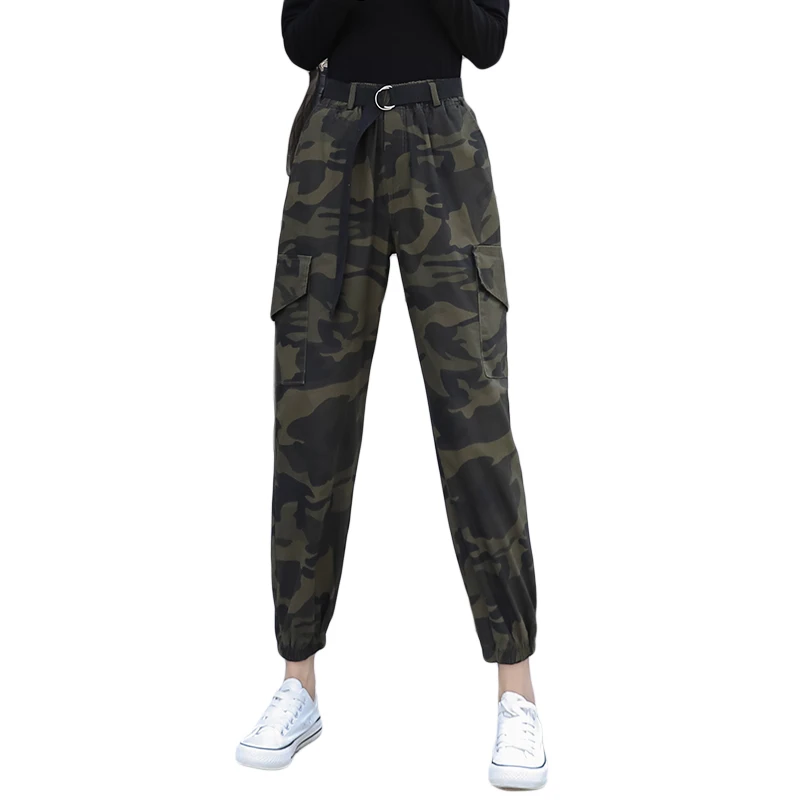 Женские студенческие Длинные свободные камуфляжные брюки с высокой талией