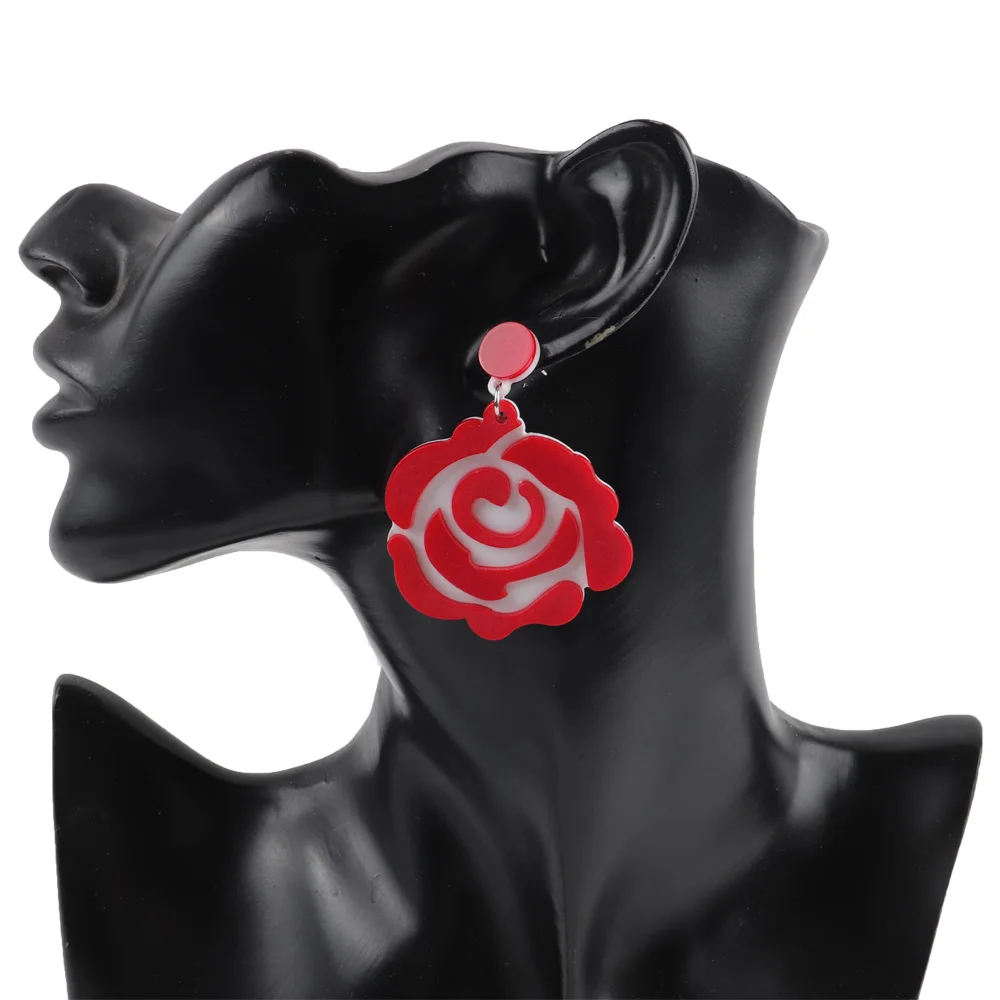 

New Fashion Matte Red Rose Flowers Earrings For Women Girls Geometric Big Flower Dangle Earrings Pendant Party Jewelry Gifts