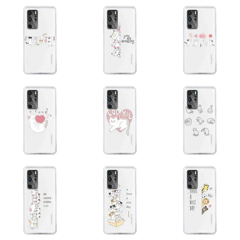 

Creative white Cute cartoon cat Phone Case For Huawei P40 P30 P20 Mate Honor 10i 30 20 i 10 40 8x 9x Pro Lite Transparent Cover
