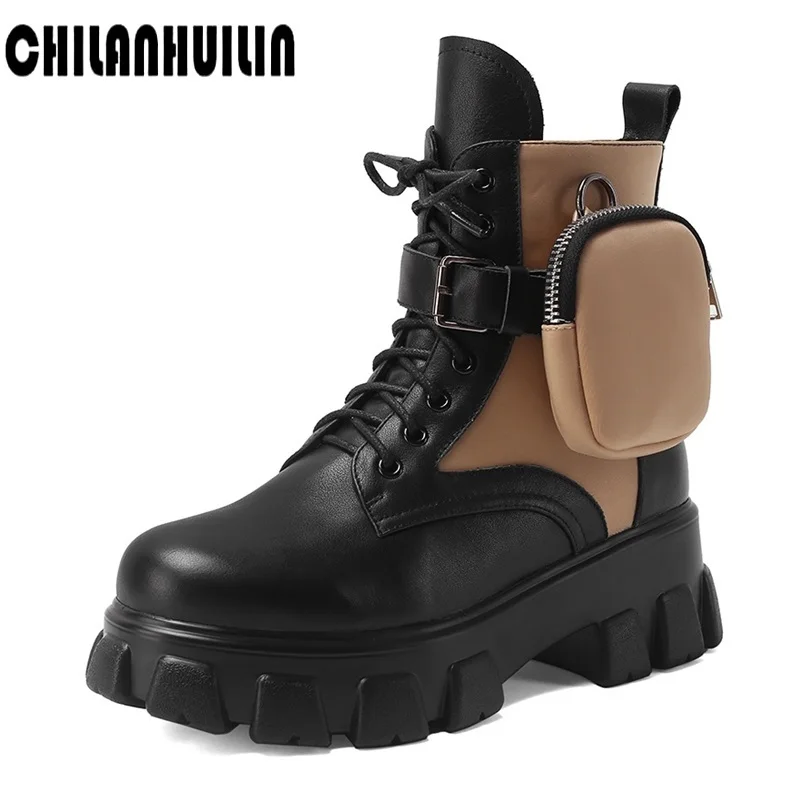 

Женские ботинки с карманами, ботильоны на шнуровке, женские ботинки с ремешком и пряжкой, черные, персиковые ботильоны с массивным мешочком,...