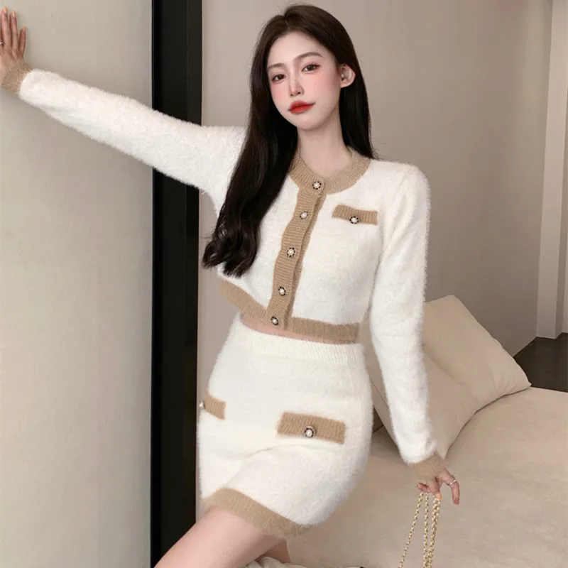 

Autumn Winter Lady Fashion Soft Mink Knitted 2 Piece Set Women Long Sleeve Sweater Cardigan Coat+Mini Skirt Suits Party Clothes