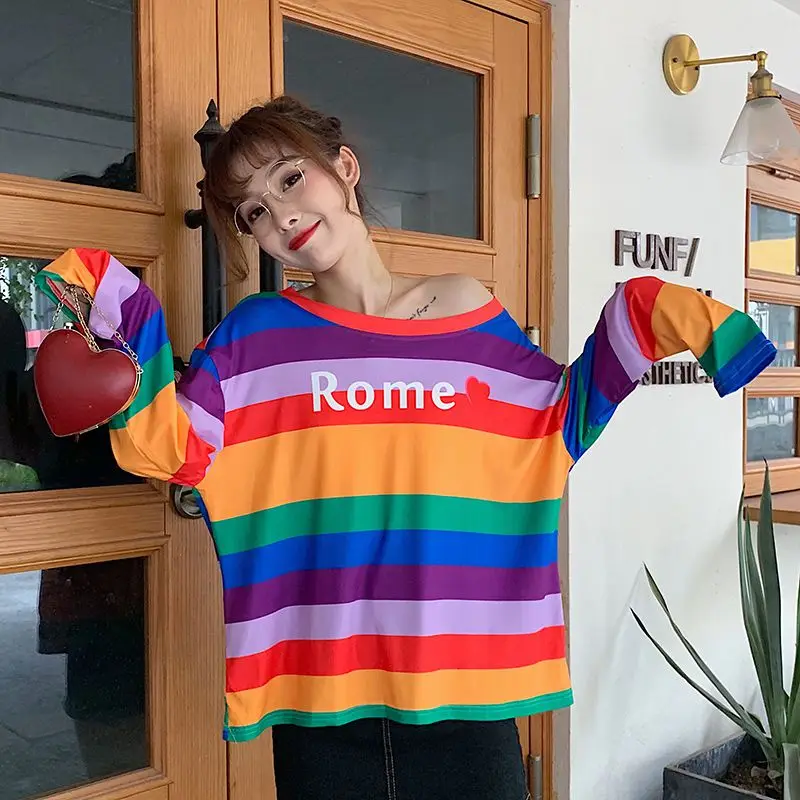 Женская футболка в радужную полоску Повседневная Свободная оверсайз с длинным