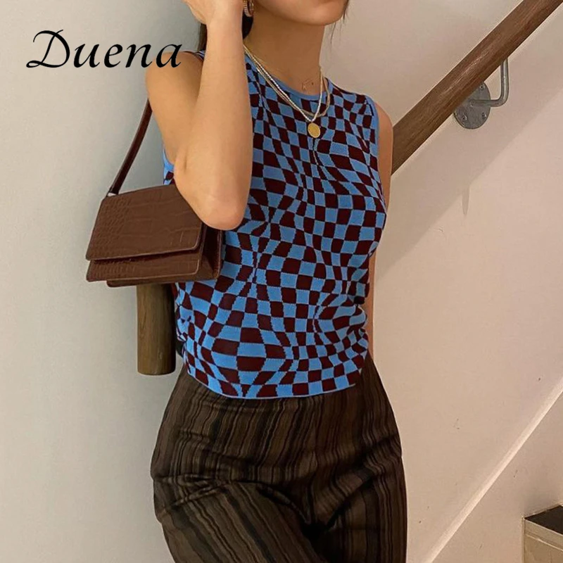 

Duena Checked Tank Top Knit Turtleneck Women Summer Clothing Plaid Vintage Knitting Casual Slim Sleeveless Crop Top
