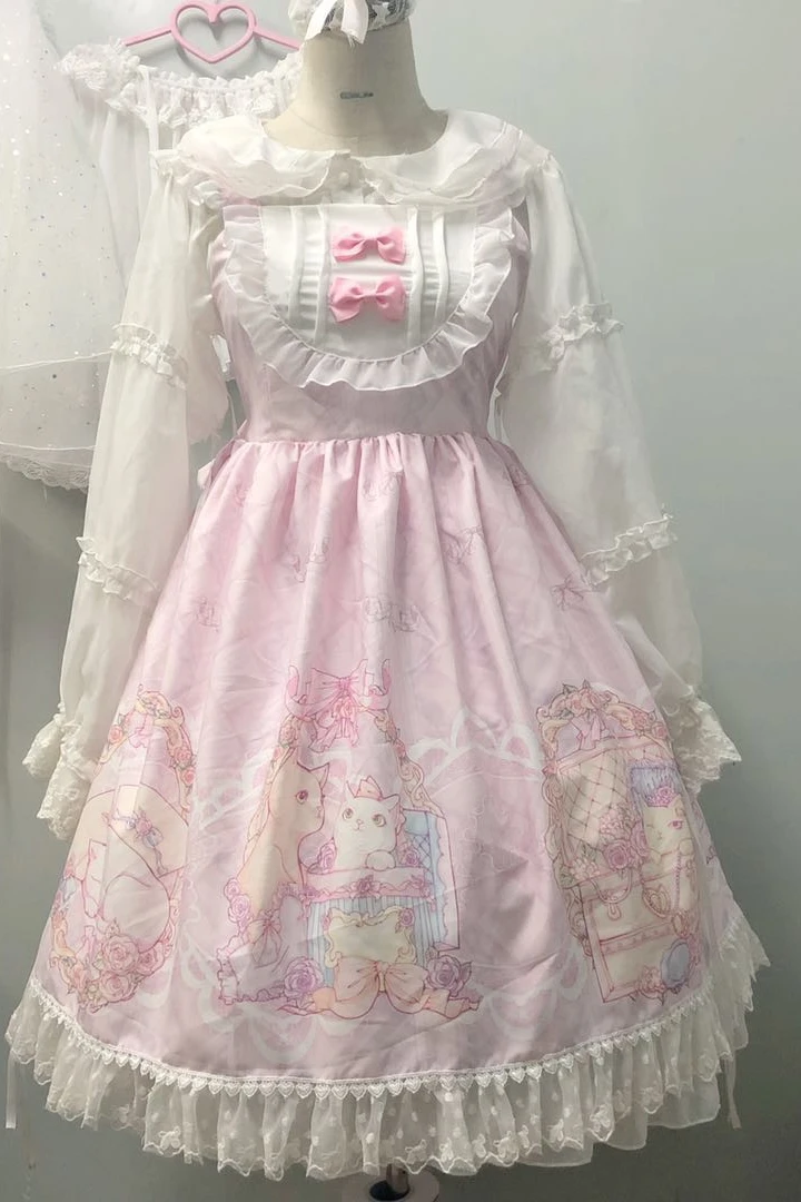 

Women Kawaii Lolita dress cosplay sweet girl princess Original design Japanese-style Lolita Cat Manor lace big hem jsk dress
