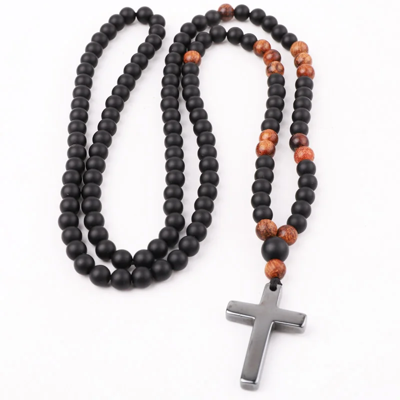 

High Quality New Design Natural Stone Matte Onyx Beads Hematite Cross Charm Pendant Necklace For Men