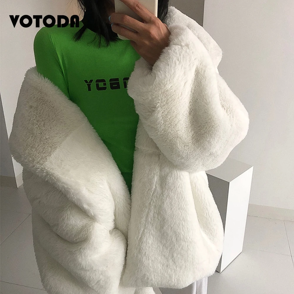 Winter Cool Girl Fur Coat Thick Warm Faux Rabbit Fur Jacket Long Turn Down Collar White Bathrobe Overcoat Women Coat Fashion Top
