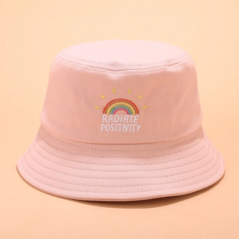

LVYI067 New summer rainbow Embroidery cotton bucket hat Women panama cap Adult men foldable Fisherman sun cap gorros