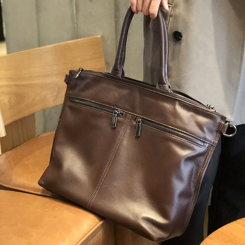 

Soft Head Layer Cowhide Literary Women Top-handle Bag Horizontal Simple Design Retro Large Briefcase Laptop Bag