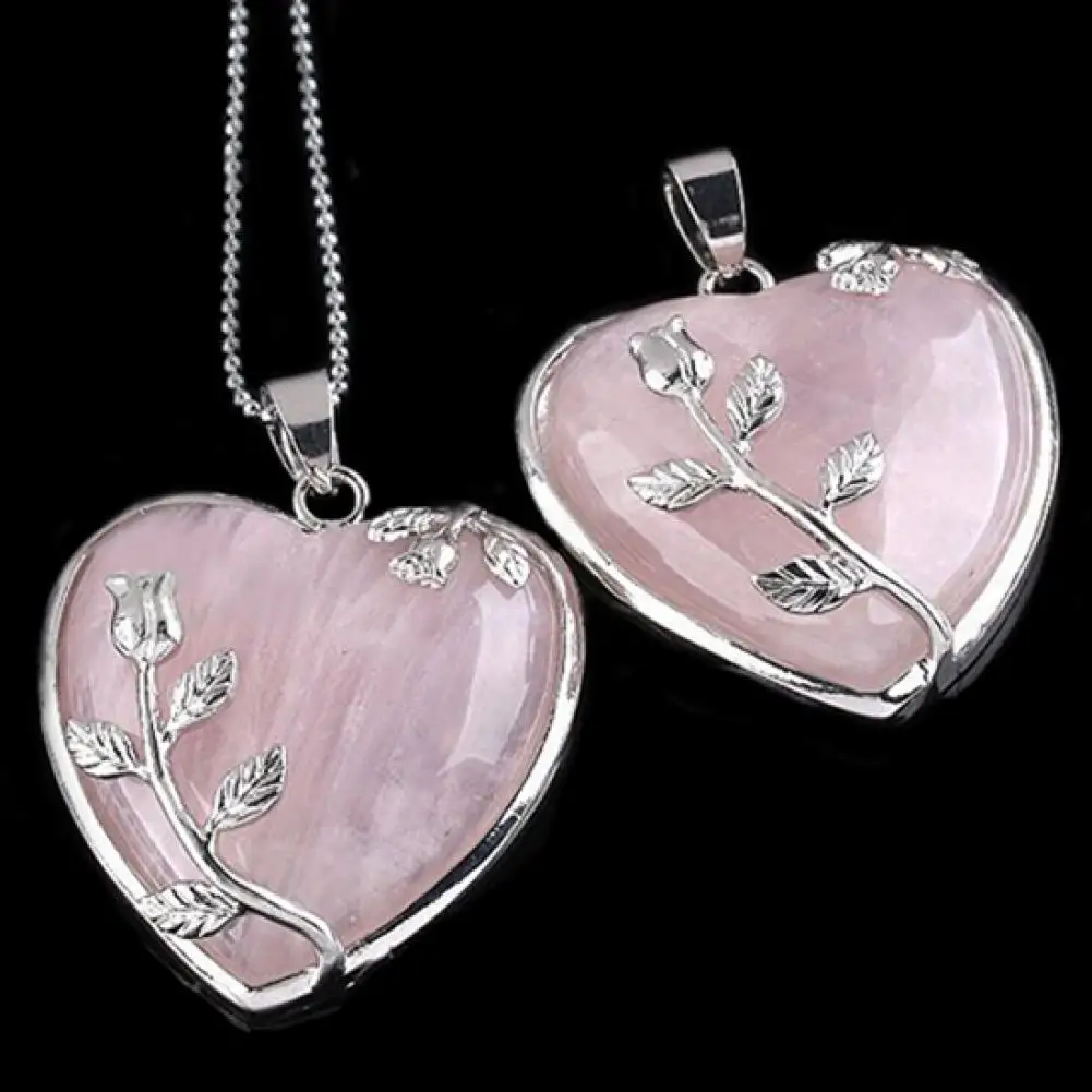 

Fashion Jewelry Decor For DIY Women's Rose Quartz Alloy Flower Necklace Pendant Heart Inlaid Charm Jewelry Without Chain