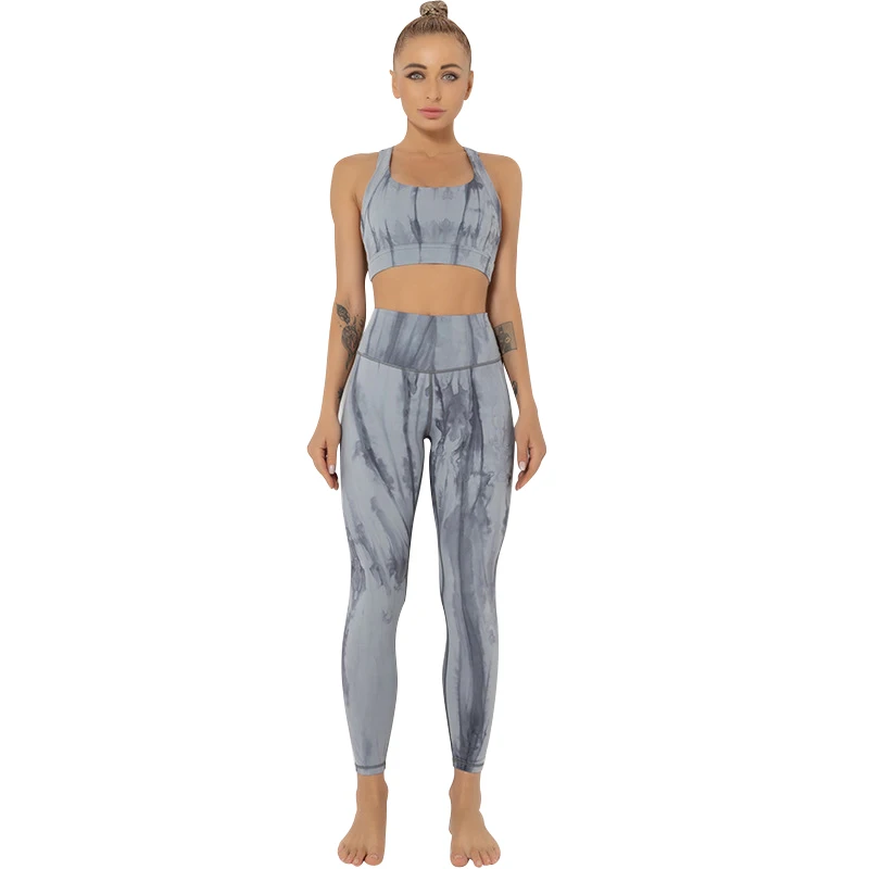 

New Arrival Tie Dye Two Piece Yoga Set Butt Lifting High Waist Leggings Fitness Women's Tracksuit Sports Gym Clothing