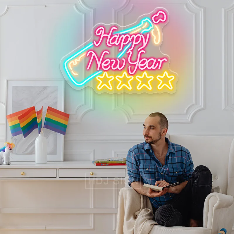 ZPL Bar Bear Happy New Year Led Neon Light Colorful Rainbow Neon Sign for Room Home Party Wedding Decoration Gift Neon Lamp