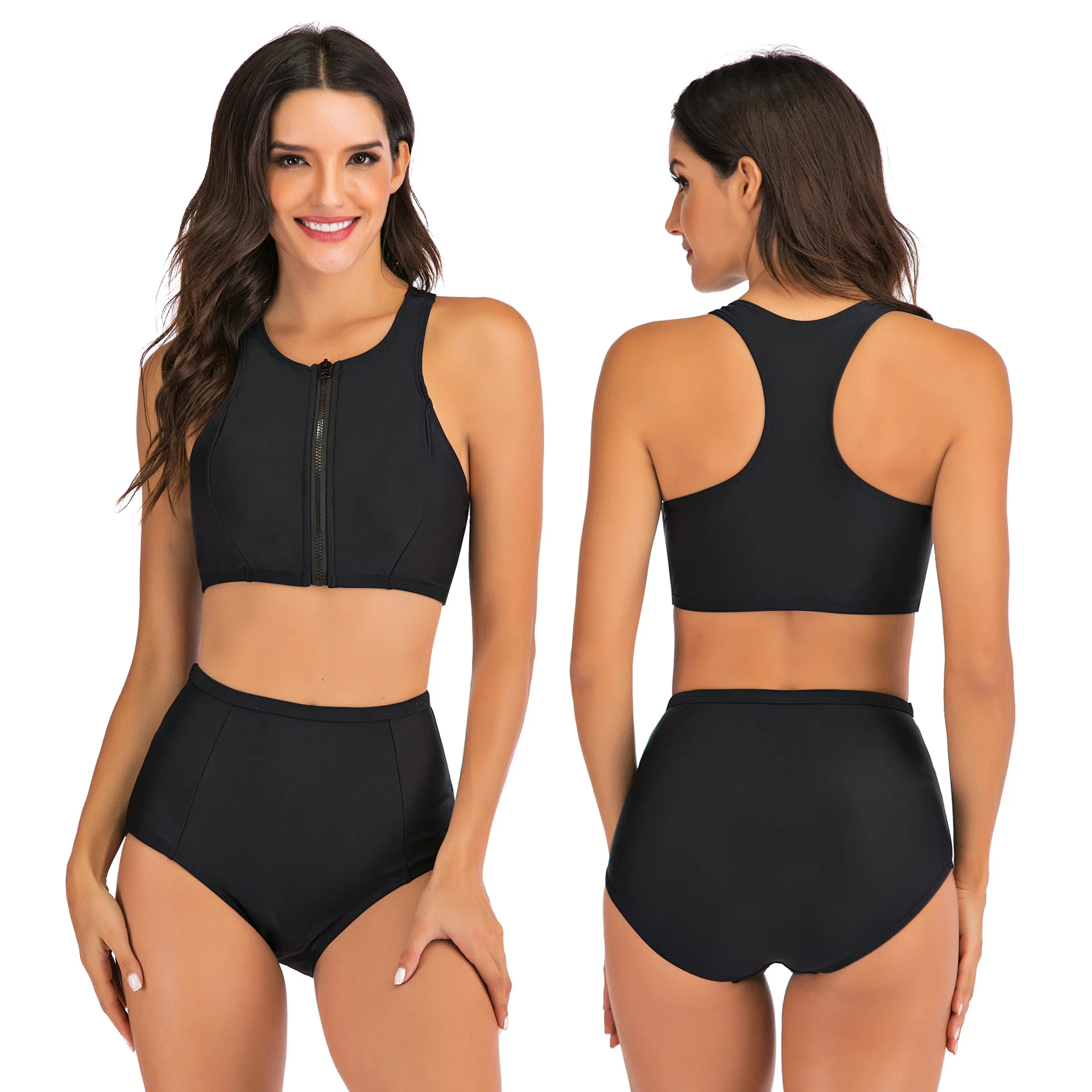 Women's European And American Bikini Solid Color Zipper Sexy Large Sports Swimsuit | Женская одежда