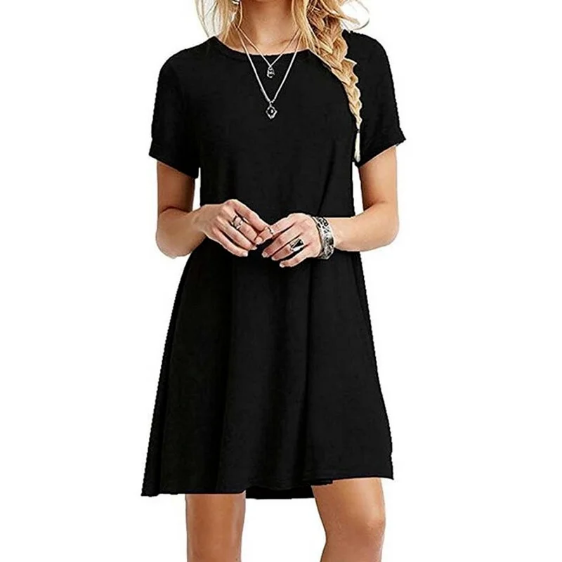 

Summer Women Casual Clothes Fashion Dress Solid Color Mini Dress Short Sleeve Xxl Sukienka Plain Loose Elegant Dress Office Wear