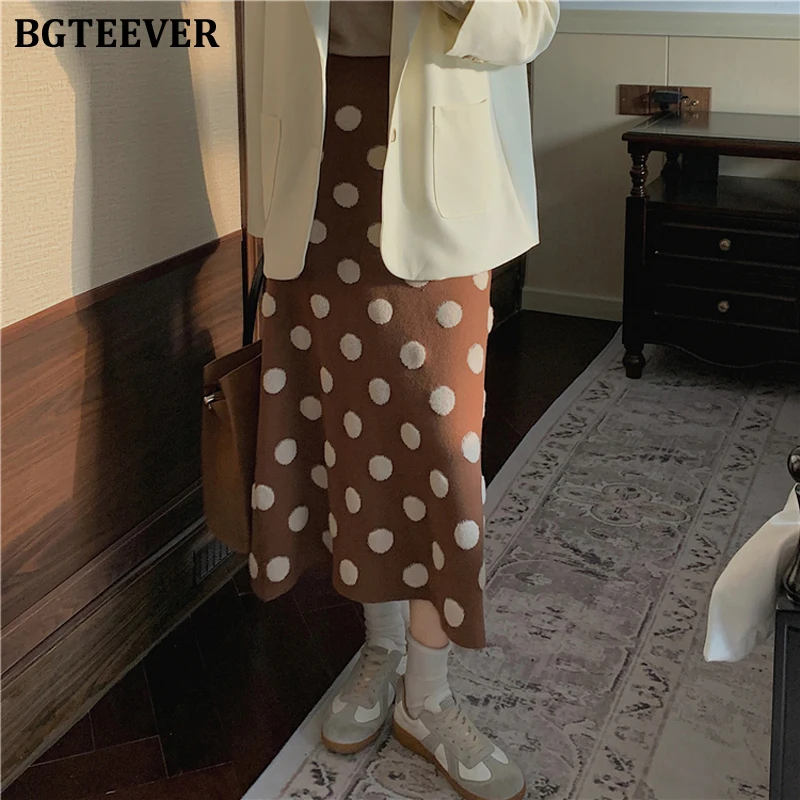 

BGTEEVER Casual Elastic High Waist Female Knitted Polka Dots Print Skirts 2021 Winter Thicken Loose Women A-line Sweater Skirts