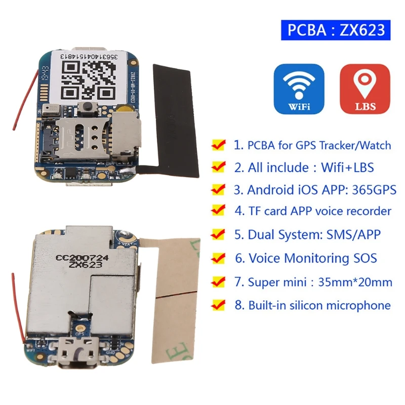 

ZX623W GPS Tracker GSM Wifi LBS Locator PCBA SOS Web APP Tracking Voice Recorder TF Card SMS Coordinate