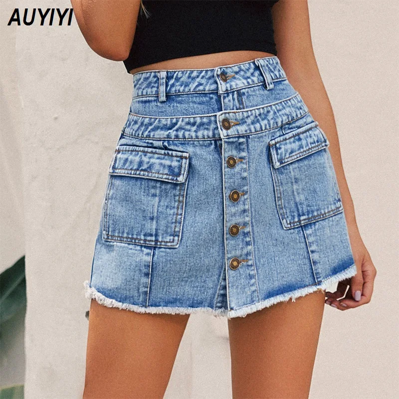 

2021 summer women's European and American ins fashion all-match pocket button A-line denim skirt AUYIYI