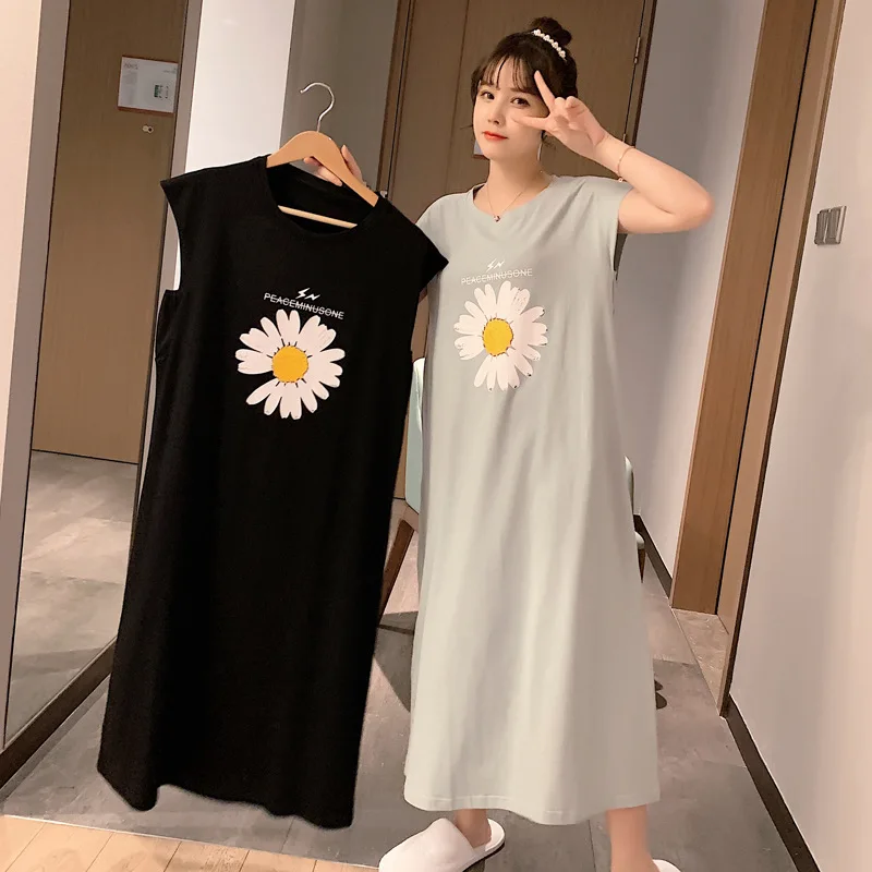 2021 New Sleeveless Nightdress Women's Vest Nightdress Cotton Loose Cute Cartoon Sweet Cute Long Home Clothes Sexy Sleepwear