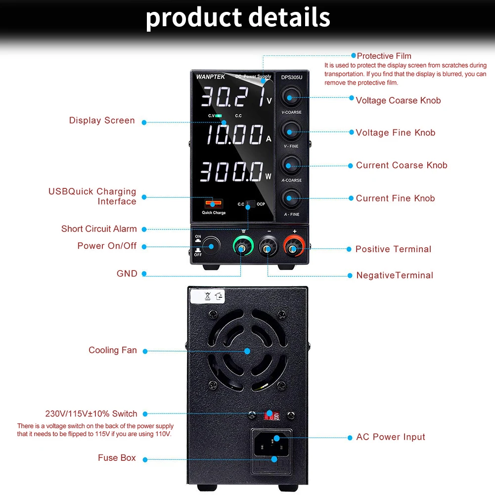 

NEW DC Power Supply Adjustable Variable USB Quick Charge Interface 30V 5A LED Display with Test Leads for Lab Equipment DIY