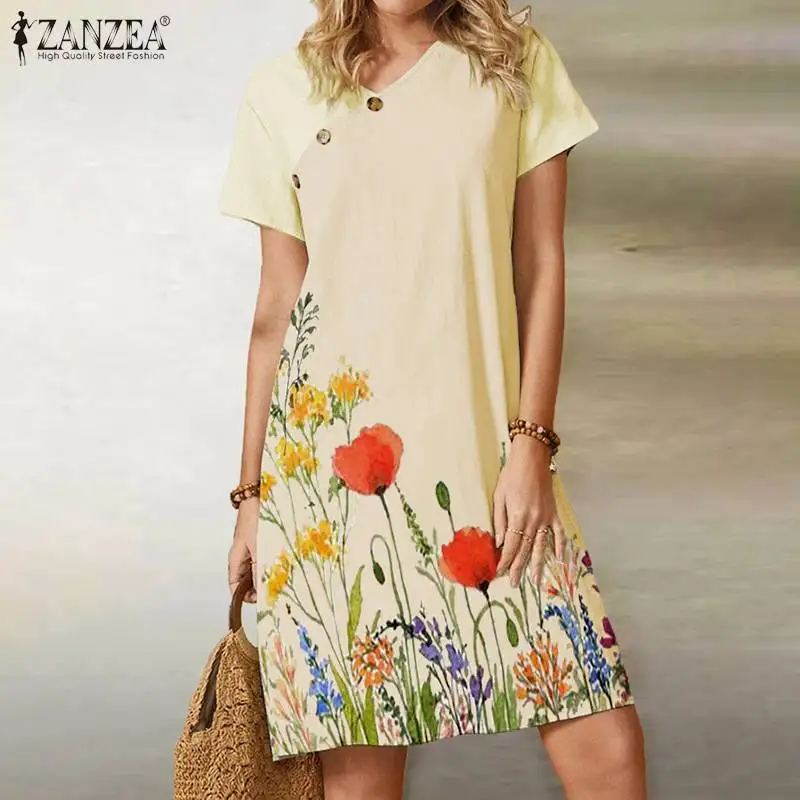 

2021 Summer Casual Loose Dress ZANZEA V Neck Knee Vestido Fashion Daily Short Sleeve Dresses Women Retro Floral Print Robe Femme