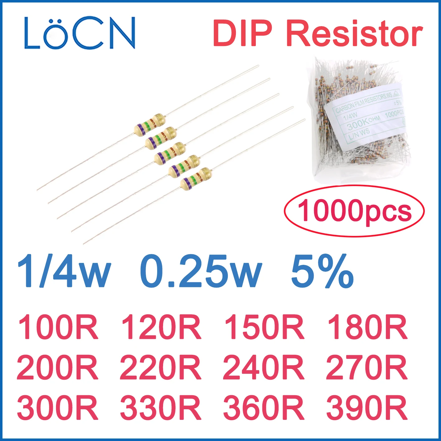 

1000pcs 5% 1/4W Carbon Film Resistor DIP 100R 120R 150R 180R 200R 220R 240R 270R 300R 330R 360R 390R OHM Color ring 0.25w