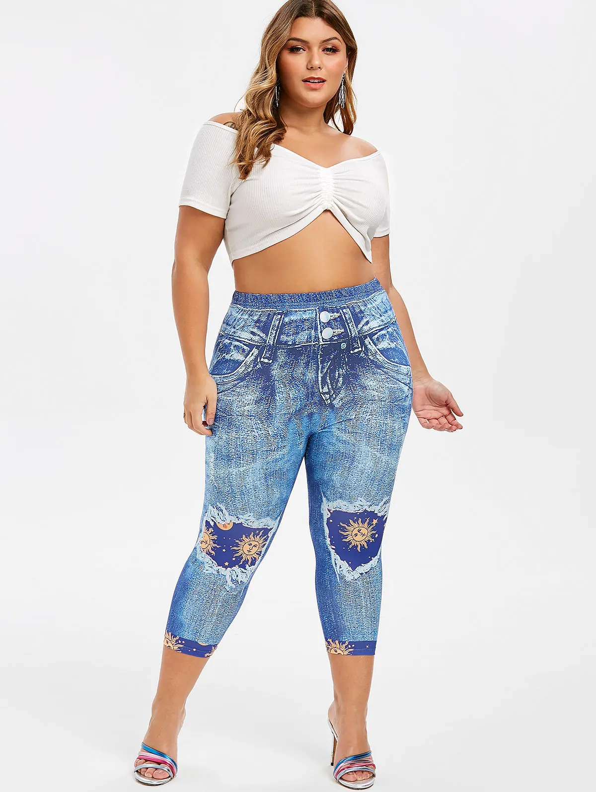 ROSEGAL размера плюс солнце и луна звезда печати капри Обтягивающие Леггинсы 3D