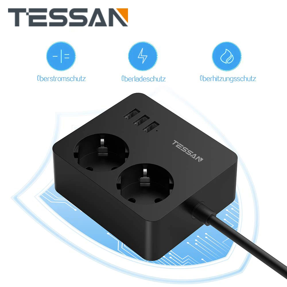 

TESSAN 5 in 1 Socket Power Strip, Multiple Socket 2 Outlets 3 USB Ports EU Plug Socket Adapter with Overload Protection 2M Cable