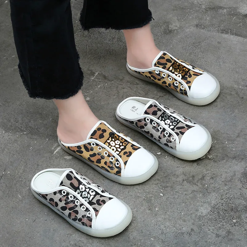 

Tilocow Women Wrap Toe Flat Slippers Casual Ladies Leopard Slides Genuine Leather Woman Outside Summer Soft Bottom Mules Shoes
