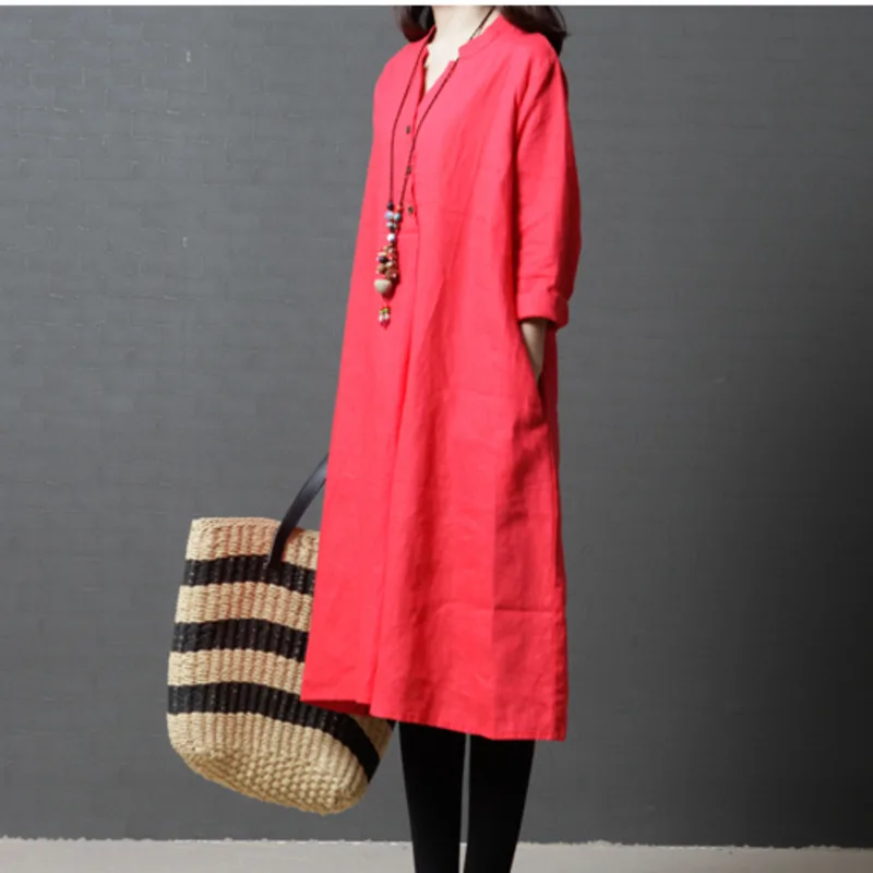 #0192 из хлопка и льна на весну осень платье с длинным рукавом v образным вырезом