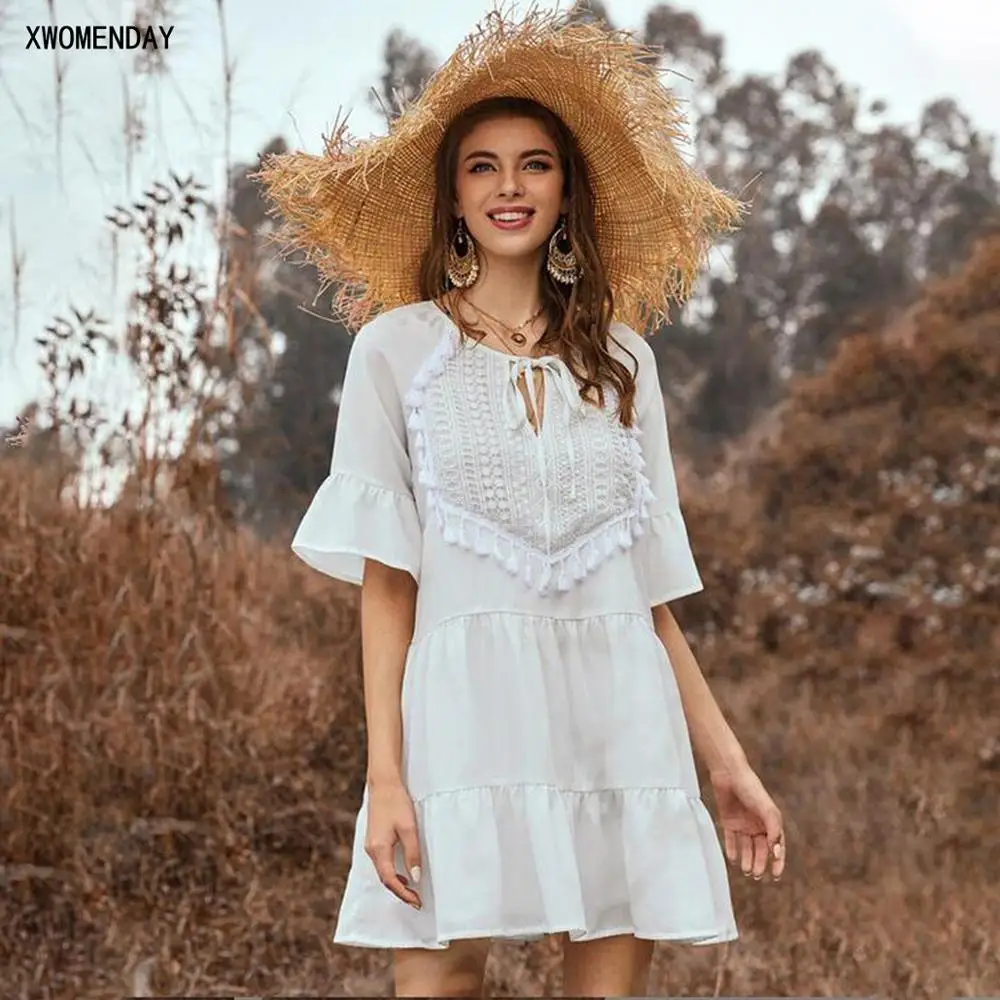 Женское Повседневное платье с оборками и расклешенными рукавами Белый Короткий