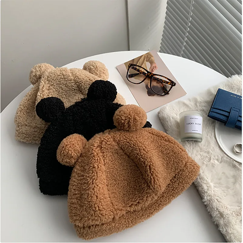 

2021 Cute Bear Ear Lamb Fur Hat Women Winter Fisherman Hat Ear Protection Pile Hat Warm Beanie Cap Gorros