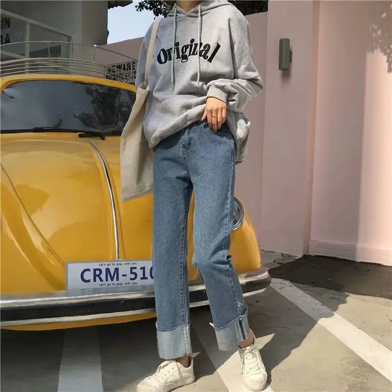 

Wholesale 2022 Fashion Retro Jeans Women's Loose Thin High-waisted Fat Sister All-match Rolled-edge Casual Wide-leg Pants